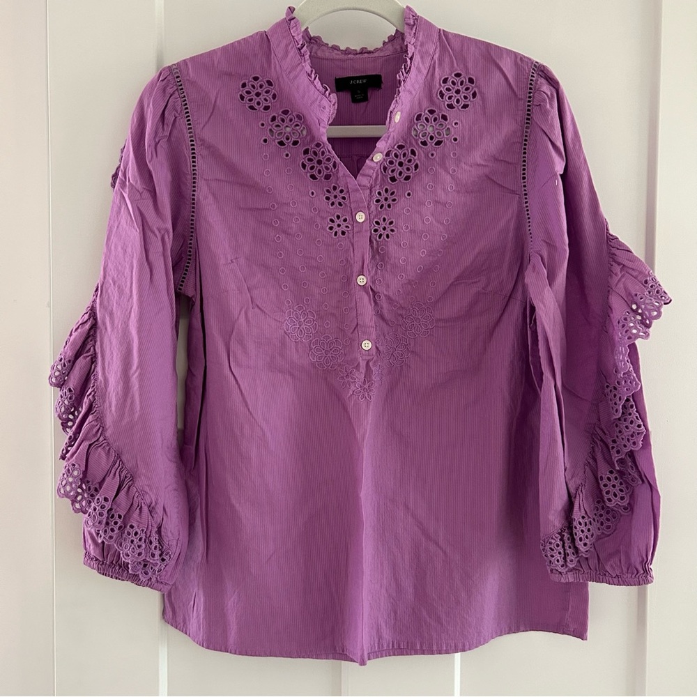 J. Crew purple Ruffle-sleeve‎ top with embroidered eyelet small